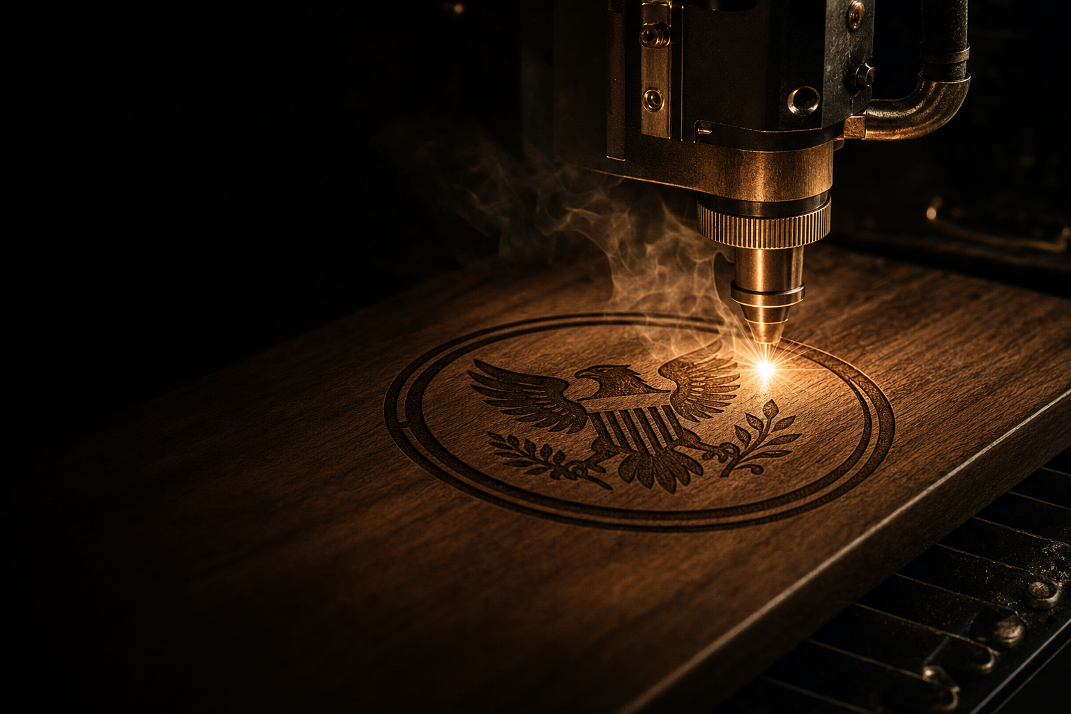 Laser engraving a custom American seal into walnut wood